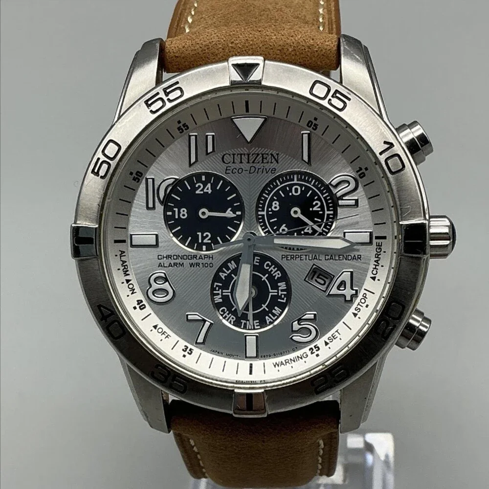 Citizen Eco-Drive Brycen Mens Watch 43mm Silver Tone Brown Leather Chronograph